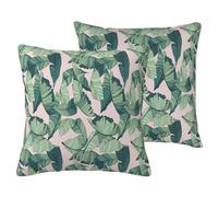 Luxury Breathable Faux Linen Pillow Covers For Sofa & Bed, Green Palm Tree Leaves Pink, Throw Pillow Covers 45x45cm, 2-Pack Cushion Covers, Decorative Square Throw Pillowcases For Living Room Decor