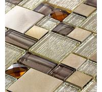 Luxury Brown, Caramel & Beige Glass & Brushed Steel Mosaic Wall Tile Sheet 8mm
