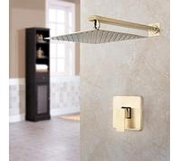 Luxury Brushed Gold 8 Inch Wall Mount Rainfall Bathroom Shower Set Solid Brass Ultra- Thin Square Shower Head Hand Faucet