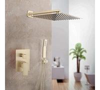 Luxury Brushed Gold Rainfall Bathroom Shower Set 12 Inch Wall Mounted Solid Brass Ultra- Thin Square Shower Head Hand Faucet