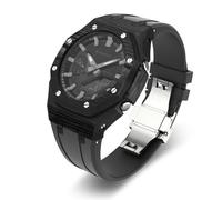 Luxury Carbon Fiber Case with Fluoroelastomer Band Compatible for CASIO GA2100 GA2110 , Rugged Military Protective Designer Cover, Heavy Duty Tactical Protection， Rubber Strap Movement (Black bright