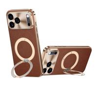 Luxury Case for IPhone 17/17 Pro/17 Air/17 Pro Max, Electroplated Lens Protection Genuine Leather Case Shockproof Gold Edge Phone Cover,17pro,Brown