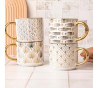 Luxury Ceramic Bone China Coffee Mug 490ml with Gold Handle with Art Deco Metallic Print, Elegant Gift Mug (H 9cmx 9.5cm) Assorted Designs (Geometric Diamond Pattern)