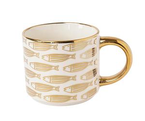 Luxury Ceramic Bone China Coffee Mug 490ml with Gold Handle with Art Deco Metallic Print, Elegant Gift Mug (H 9cmx 9.5cm) Assorted Designs (Golden Fish)