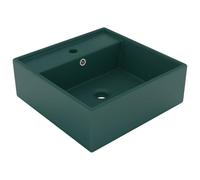 Luxury Ceramic Wash Basin Matt Dark Green Square 41 x 41 cm with Overflow and Tap Hole for Bathroom, Guest Bathroom or Washbasin Modern Bathroom Design
