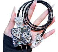 Luxury Charger Protector Cute Silver Heart Cable Protector for iPhone iPad 18W/20W Charger Cover,Shining Glitter Star Black Pattern Cable Saver Design Data Cable Wire Saver for iPhone 14 15 16 Pro Max