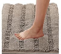Luxury Chenille Bath Mat Extra Soft Absorbent Microfiber Shag Rug Non Slip Quick Dry Washable Bathroom Carpet Striped Design Taupe 60 x 90 cm