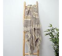 Luxury Chenille Herringbone Throw Blanket Chevron & Striped Design with Tasselled Fringe - Made from 100% Recycled Polyester (150 x 200cm, Natural)