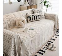 Luxury Chenille Sofa Cover Striped Couch Blanket for 2 3 & 4 Seater Non Slip & Dustproof Reversible Furniture Protector Khaki 180x150cm