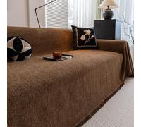 Luxury Chenille Sofa Cover with Tassel, Full-Coverage Washable Slipcover Blanket for L-Shape Corner Sectional Couch, All-Season Furniture Protector Dark-Brown 180 * 380cm/70.87 * 149.61in