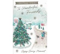 Luxury Christmas Card for Friends - Large 24 x 16 cm - “To Wonderful Friends” - Festive Tree & Snowy Village Design with Gold-Foil Accents - Premium Xmas Greeting Card