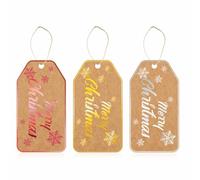 Luxury Christmas Kraft Gift Tags 3 Pack - Brown 12 x 5.5 cm - Gold, Silver & Red Foil “Happy Christmas” Pre-Strung Present Labels for Gift Wrapping & Parcels