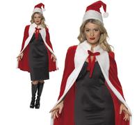 Luxury Red Christmas Cape + Hat Set Ladies Fancy Dress Mrs Santa Claus Costume