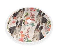 Luxury Christmas Tree Skirt With Lace Fringe Premium Polyester, Cattle Dog Florals Print Xmas Tree Skirt, Multi Holiday Decor Halloween, Xmas, New Year