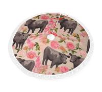 Luxury Christmas Tree Skirt With Lace Fringe Premium Polyester, Flower Show Steer Cows Cattle Print Xmas Tree Skirt, Multi Holiday Decor Halloween, Xmas, New Year