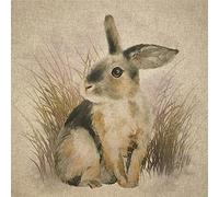 Luxury Cotton Rich Digital Printed Linen Fabric - Sold by The Panel (One - Large Panel) (Rabbit Sitting in Grass)
