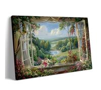 Luxury Countryside Window View Wall Art Elegant Floral Garden Landscape Canvas Print Cottagecore Farmhouse Nature Decor for Living Room Bedroom 40x50cm Frame