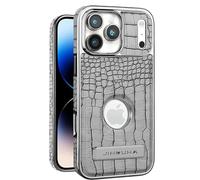 Luxury Crocodile Case for iPhone 17 Pro Max/17 Pro/17 Air/17, Compatible with MagSafe, Invisible Kickstand with Logo View, Slim Electroplated Leather Cover Retro Business(Gray,17)