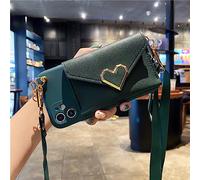 Luxury Crossbody Lanyards Love Heart Leather Hand Wallet Card Soft Case For iPhone 14 13 12 Pro Max 11 X XR 7 8 plus SE 6 Cover,green,For iPhone 11
