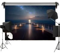 Luxury Cruise Ship Deck Polyester Backdrop 7x5FT - Romantic Night Ocean View with Starry Sky and Milky Way, Elegant Photography Background for Wedding, Travel, Party or Couples Photo Booth
