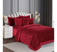 Luxury Crushed Velvet Quilted Bedspread Eiderdown with Pillow Shams 3 Pieces Plush Comforter Set Double King Super King Size (Burgundy, Double King)