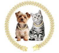 Luxury Cuban Link Dog Collar Gold Dog Chain Necklace with Diamond Rhinestones - 15mm Width Metal Pet Collar Jewelry for Small Medium Large Dogs & Cats (10 inch)