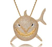 Luxury CZ Diamond Shark Pendant Necklace with Iced Out 5A Zircon, Bling Cuban Link Chain, 14K Gold Plated Hip Hop Jewelry for Men and Women