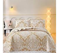 Luxury Damask Quilted Bedspread Set - 2 Piece Comforter Coverlet with Pillow Sham - Soft Lightweight Bedding Quilt Throw for All Seasons (Royal Damask Gold, Single)