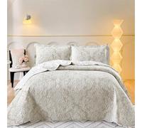 Luxury Damask Quilted Bedspread Set - 2 Piece Comforter Coverlet with Pillow Sham - Soft Lightweight Bedding Quilt Throw for All Seasons (Dmsk Beige, Single)