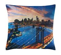 Luxury Digital Printed Plush Velvet 3D City World Themed Square Cushion Covers (18 "x 18") (Manhattan Bridge)