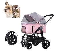 Luxury Dog Cat Pet Stroller Adjustable Push Handle Split Design One-Button Folding 360° Universal Rotating Spring Shock Wheel (Pink)