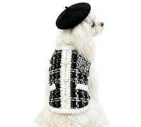Luxury Dog Clothes Tweed Suits and Beret Hat,Black Winter Warm Pet Coat Vintage Jacket Vest,Cat Artist Costume Cosplay Party Outfits for Small Medium Dogs,S