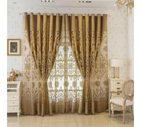 Luxury Double Layered European High-Blackout Curtains Embroidered Design for Living Room Bedroom & Balcony Gold Color 66 x 90 Inch Noise-Reducing & Energy-Saving