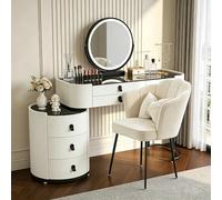 Luxury Dressing Table with LED Mirror, Protective edges, Pre-Assembled | 100cm Vanity Table with 5 Drawers, Tempered Glass Top, PU Leathe, Metallgriffe, Extendable Side Cabinet