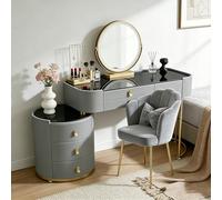 Luxury Dressing Table with LED Mirror, Protective edges, Pre-Assembled | 100cm Vanity Table with 5 Drawers, Tempered Glass Top, PU Leathe, Metallgriffe, Extendable Side Cabinet