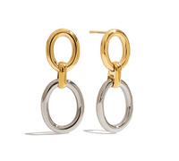 Luxury Dual Hoop Stainless Steel Earrings - Interlocking Link Chain Drop Design, Hypoallergenic & Waterproof, Two-Tone Gold/Silver Women's Jewelry
