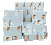Luxury ECO Gift Wrap - 6 sheets/tags - Blue Winter Hare Bundle (Cows, Brown & White Hares) - Birthday - Recycled & Recyclable Wrapping Paper