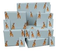 Luxury ECO Gift Wrap - 6 sheets/tags - Winter Brown Hares Blue - Birthday - Recycled & Recyclable Wrapping Paper - Re-wrapped