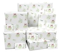 Luxury ECO Xmas Gift Wrap - 6 sheets/tags - Christmas Mistletoe and Bows - Recycled & Recyclable Wrapping Paper - Re-wrapped