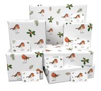 Luxury ECO Xmas Gift Wrap - 6 sheets/tags - Christmas Robins and Holly White - Recycled & Recyclable Wrapping Paper - Re-wrapped
