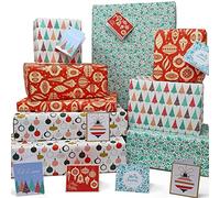 Luxury Eco Xmas Gift Wrap Set with Tags - 8 Sheets & 8 Cards - 100% Recycled & Recyclable Wrapping Paper - Red Ornaments | Green Holly | Scandi Trees | Baubles (Classic Christmas)