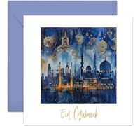 Luxury Eid Mubarak Greeting Card for Family Friends - Blessed Eid Islamic Eid Greeting Card - Navy Blue and Gold Pattern Mubarak Decorations - Eid Murbarak Muslim Gift for Family Friends