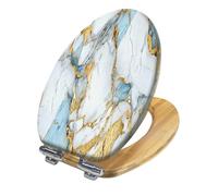 Luxury Elongated Wooden Toilet Seat with Abstract Marbling Texture (Gold/Light Blue/White), Slow Quiet Close, Quick-Release Hinges, Easy to Install & Clean, Cover Bumpers