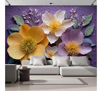 Luxury Embossed Floral Design Mural Wallpaper,Flower And Green Leaf Illustrations Panoramic Wallpaper, Wall Mural Decoration Poster 200 × 140 Cm Murals For Living Room Bedroom Hallway, Purple