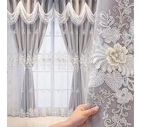 Luxury Embroidered Pencil Pleat Curtains1 Pair Double Layer Wavy Valance Window Treatment Beige 66"x90" for Living Room & Bedroom Decor