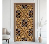 Luxury Ethnic Splicing 3D Door Mural Self-Adhesive, Brown Ethnic Boho Door Stickers Removable Murals Art, Classical Exotic Mythology Door Decals PVC Wallpaper, for Office Bathroom Bedroom, 85x200 cm