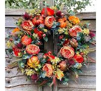 Luxury Fall Peony Pumpkin Wreath - All-Season Farmhouse Front Door Decor, Realistic Autumn Leaf and Rattan Wreath, Harvest Thanksgiving Welcome Garland (15.7"/40cm)