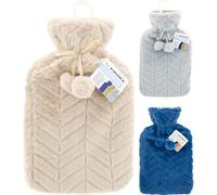 Luxury Faux Fur Hot Water Bottle with Pom Poms - 1.7L Large Capacity Rubber Hot Water Bottle with Soft Chevron Plush Cover - Cozy Bed Warmer for Comfort and Warmth - Random Colour
