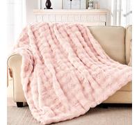 Luxury Faux Rabbit Fur Throw Blanket, Soft Bubble Fluffy Blanket Cozy Fuzzy Throw Blankets for Bed Sofa Couch, Decorative Thick Warm Plush Fuzzy Elegant Soft Mink Blanket (50" x 60", Pink)