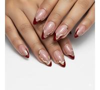 Luxury Flame Press On Nails Almond Short French Tip with Gold Chrome Edge - 24Pcs Fake Nails Kit for Women, Full Cover Acrylic Stick On Square Design, Handmade Autumn Christmas